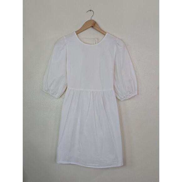 WAYF White Mini Dress Womens Size Small Puff Sleeves Open Tie Back Cotton POCKET - Picture 13 of 13